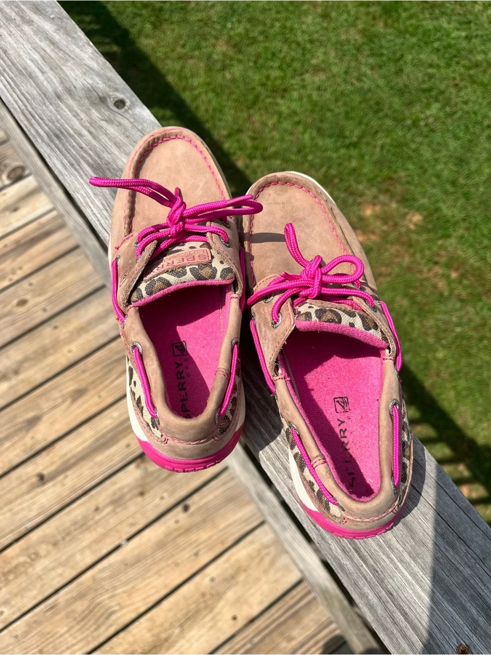 Sperry Tan Moccasin Boat Shoes with Hot Pink Accents - Kids